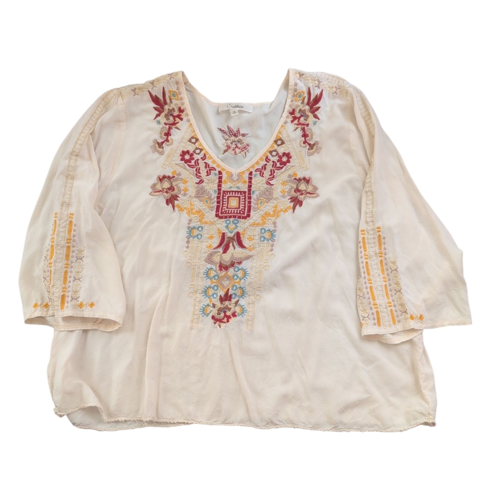 Solitaire Top Blouse Women's 1X Embroidered Front & Sleeves Bohemian Festival